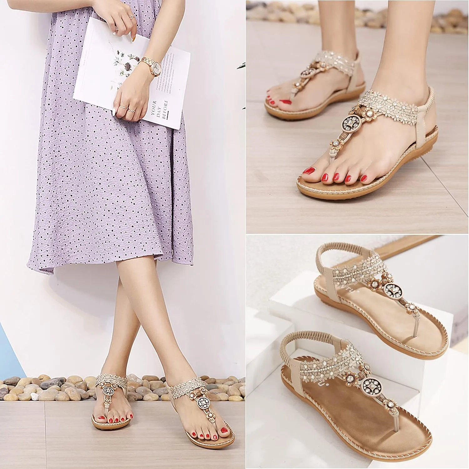 Women's Wedding Sandals Crystal with Rhinestone Beaded Bohemian Dress Flip-flop Gladiator Shoes Plus-size