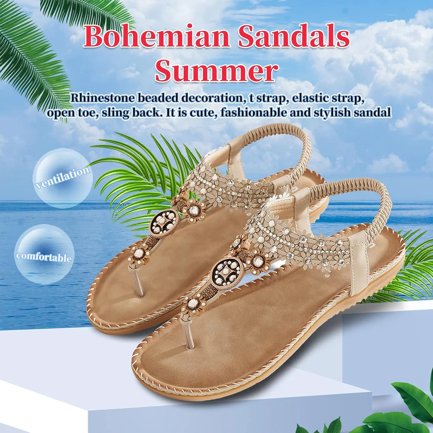 Women's Wedding Sandals Crystal with Rhinestone Beaded Bohemian Dress Flip-flop Gladiator Shoes Plus-size