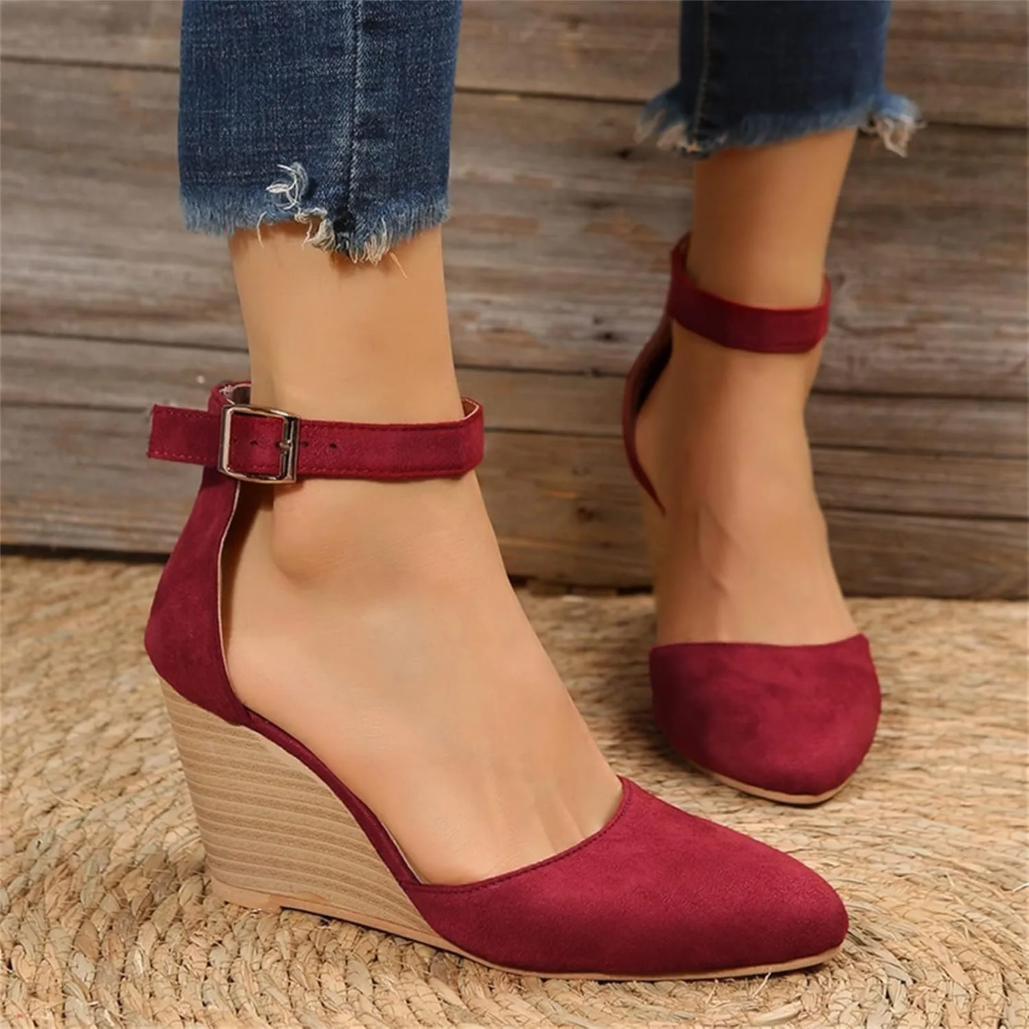 Womens Wedge Shoes Closed Toe Ankle Strap Buckle High Heels Pointed Toe Wedges Chunky Sandals Comfortable Office Wedding Dress Shoes
