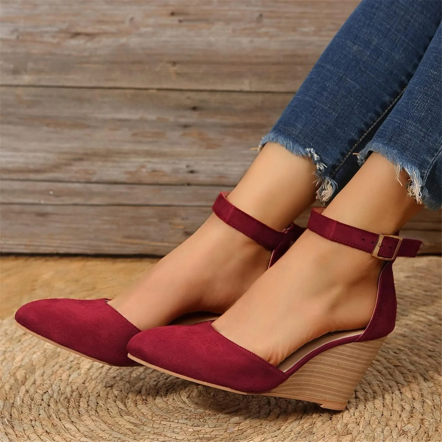 Womens Wedge Shoes Closed Toe Ankle Strap Buckle High Heels Pointed Toe Wedges Chunky Sandals Comfortable Office Wedding Dress Shoes