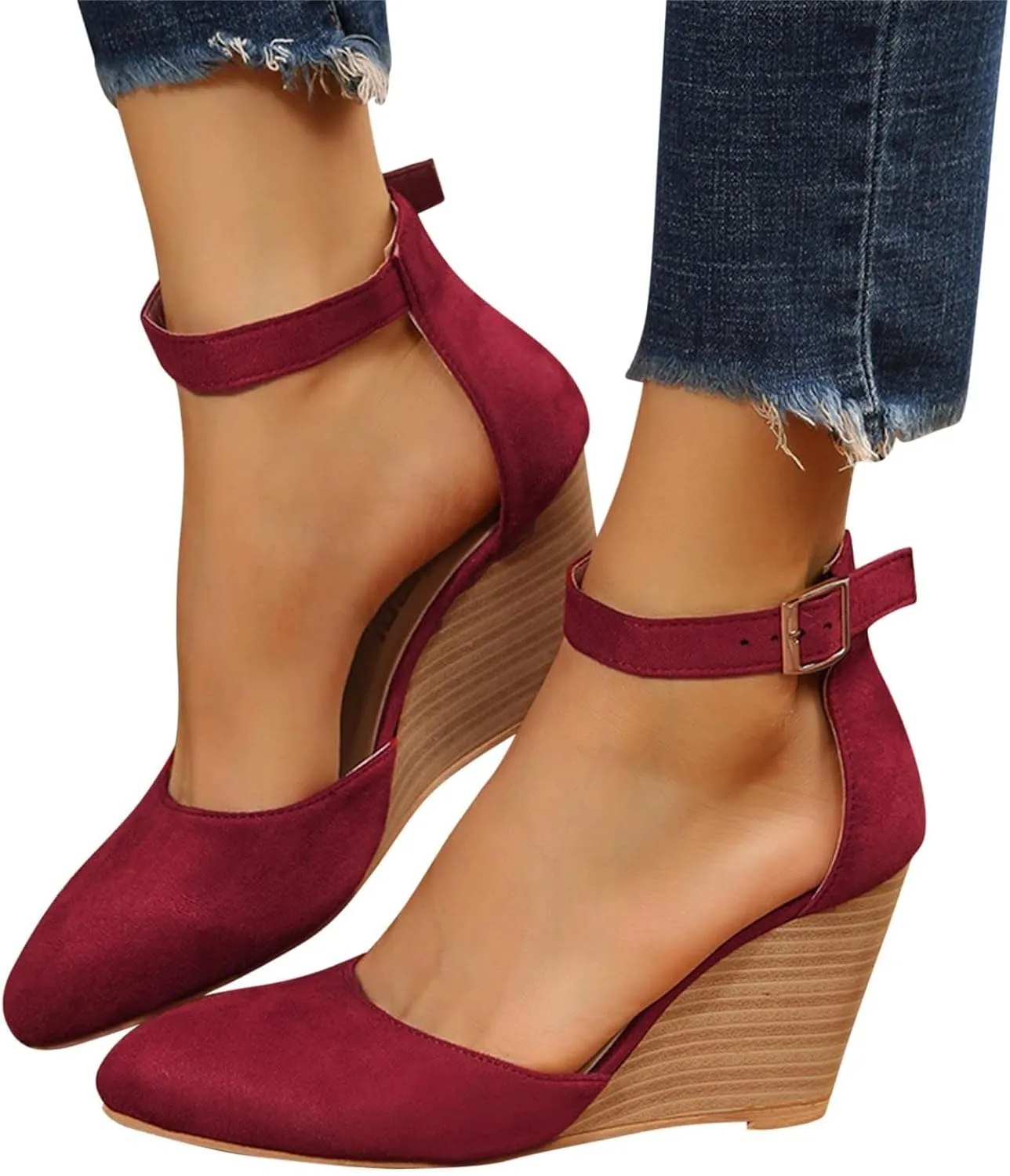 Womens Wedge Shoes Closed Toe Ankle Strap Buckle High Heels Pointed Toe Wedges Chunky Sandals Comfortable Office Wedding Dress Shoes