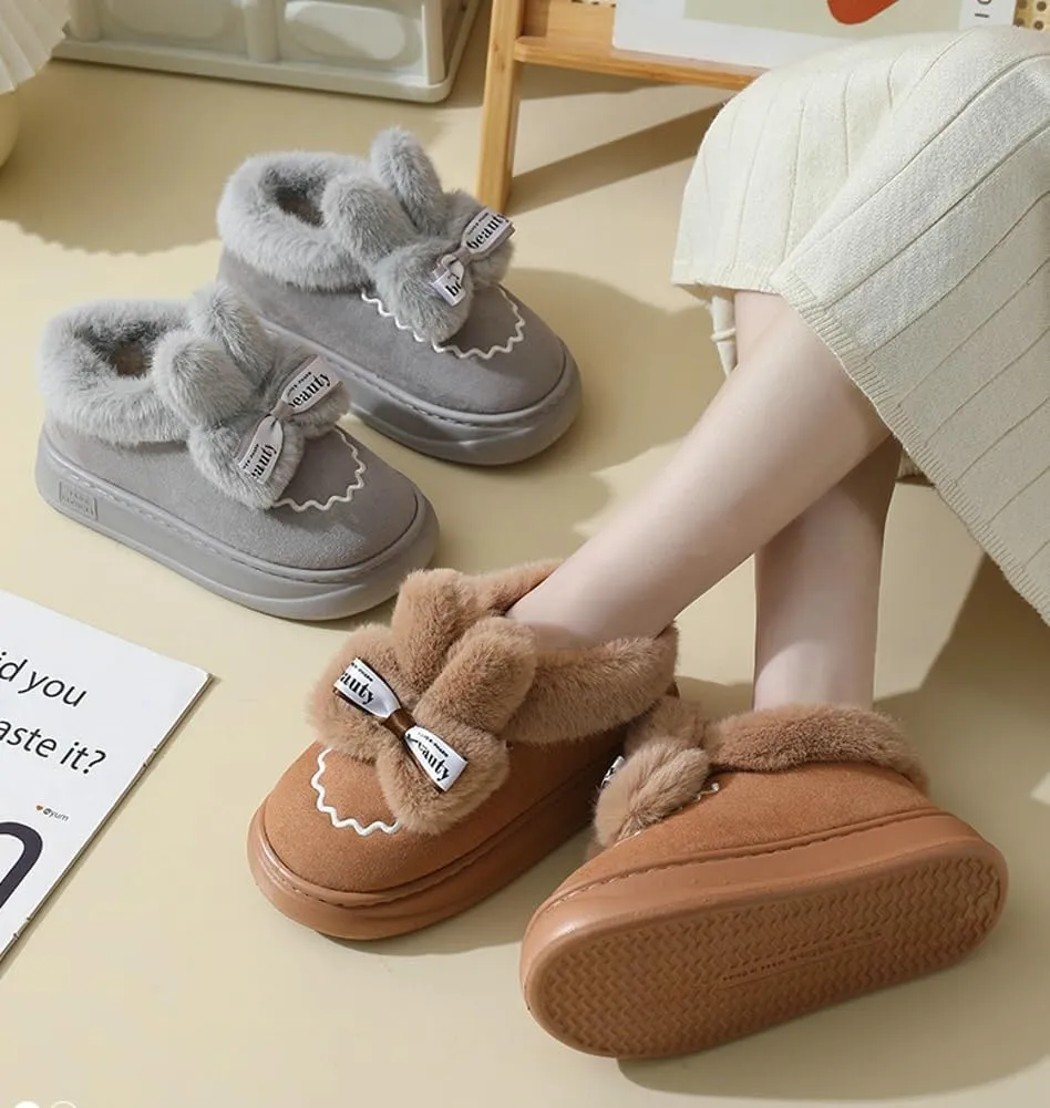Women's Winter Short Bootie Slippers Cute Rabbit Warm Non-Slip House Shoes Plush Lining Home Slipper Bunny Boots Indoor Outdoor