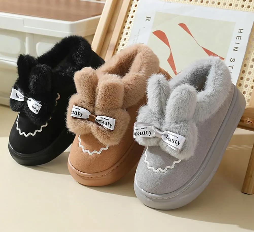 Women's Winter Short Bootie Slippers Cute Rabbit Warm Non-Slip House Shoes Plush Lining Home Slipper Bunny Boots Indoor Outdoor