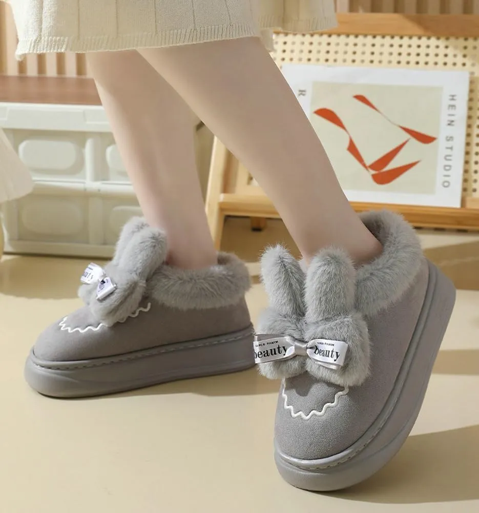 Women's Winter Short Bootie Slippers Cute Rabbit Warm Non-Slip House Shoes Plush Lining Home Slipper Bunny Boots Indoor Outdoor