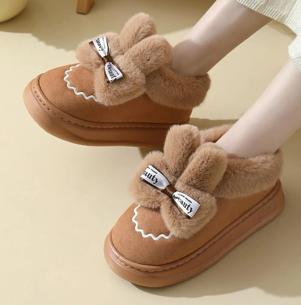 Women's Winter Short Bootie Slippers Cute Rabbit Warm Non-Slip House Shoes Plush Lining Home Slipper Bunny Boots Indoor Outdoor