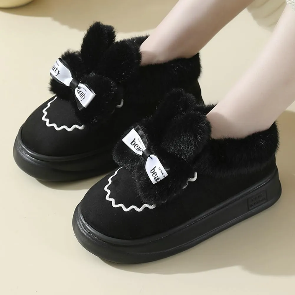 Women's Winter Short Bootie Slippers Cute Rabbit Warm Non-Slip House Shoes Plush Lining Home Slipper Bunny Boots Indoor Outdoor