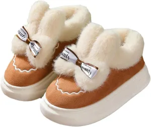 Women's Winter Short Bootie Slippers Cute Rabbit Warm Non-Slip House Shoes Plush Lining Home Slipper Bunny Boots Indoor Outdoor