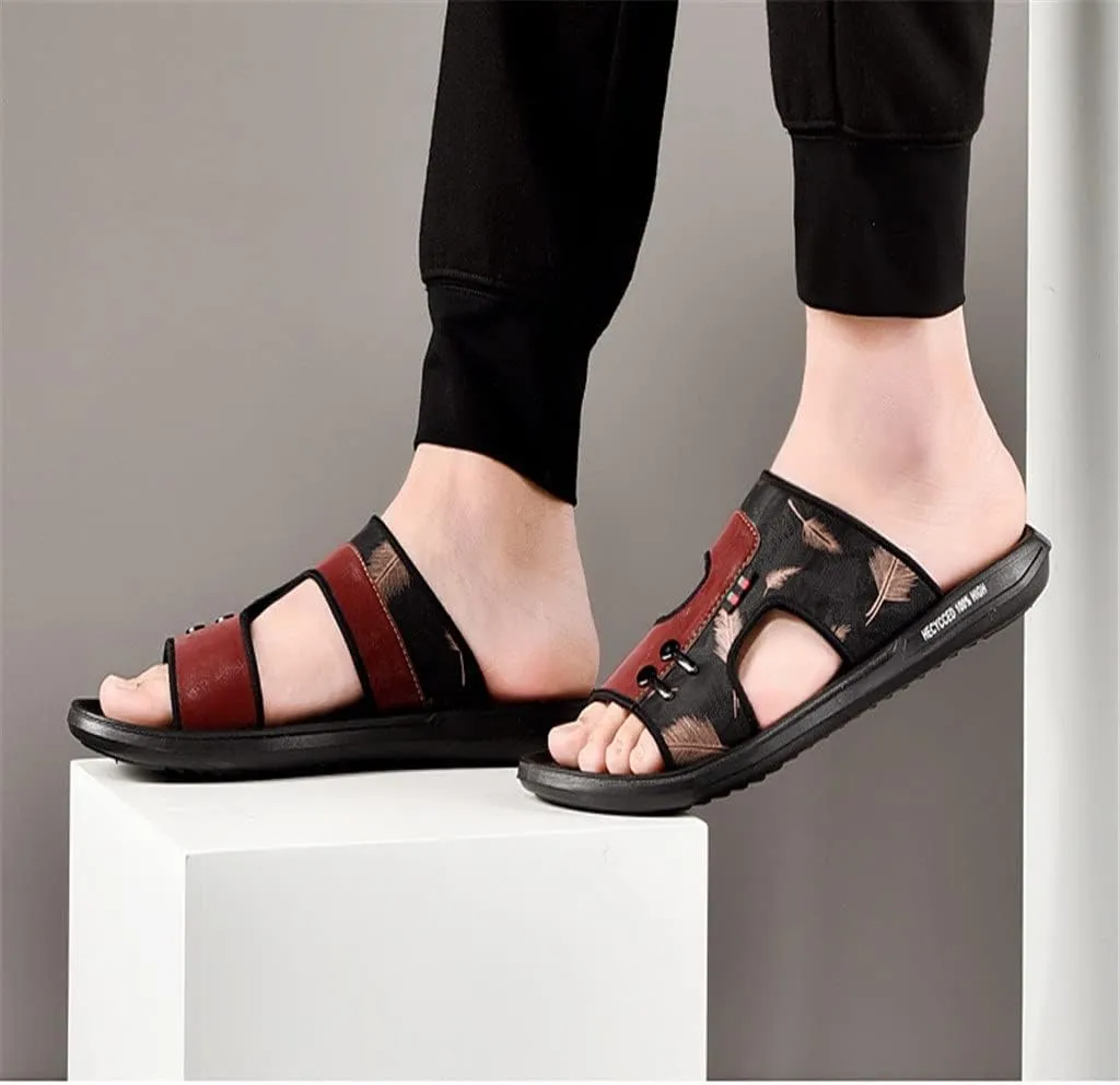 Woven Mesh Flip Flops Men Slippers Home Sandals PU Leather Print Men Shoes Sandalias(D,8)