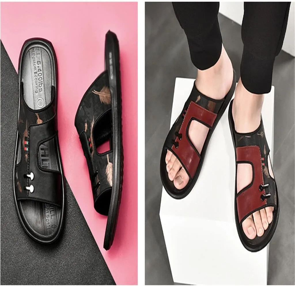 Woven Mesh Flip Flops Men Slippers Home Sandals PU Leather Print Men Shoes Sandalias(D,8)