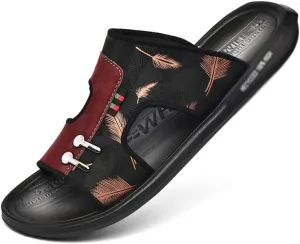Woven Mesh Flip Flops Men Slippers Home Sandals PU Leather Print Men Shoes Sandalias(D,8)