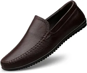 XTYPE Smoking Loafer for Men Genuine Leather Stitching Details Round Toe Rubber Sole Lightweight Anti-Slip Flat Heel Driving Slip On (Color : Dark Brown, Size : 10.5)