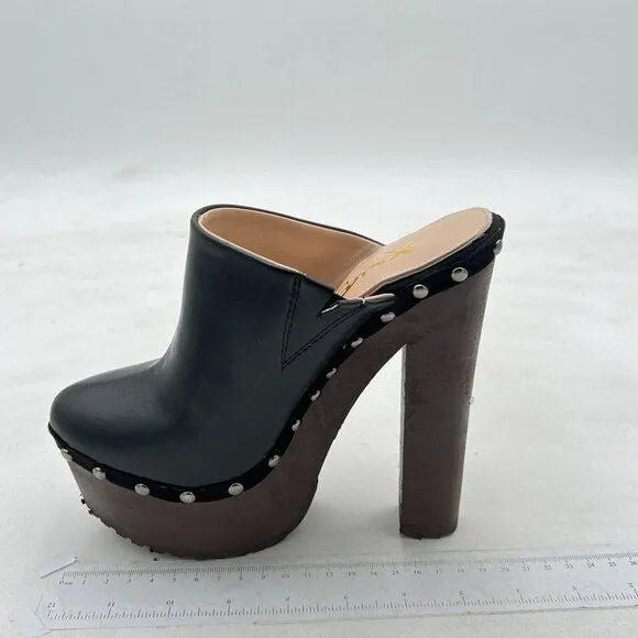 XYD Black Cork Platform Super High Heels Mule Studded Round Toe Slides Sandals