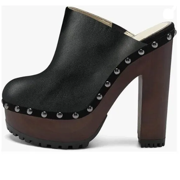 XYD Black Cork Platform Super High Heels Mule Studded Round Toe Slides Sandals