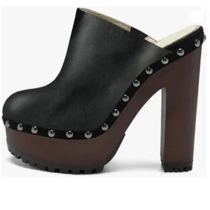XYD Black Cork Platform Super High Heels Mule Studded Round Toe Slides Sandals
