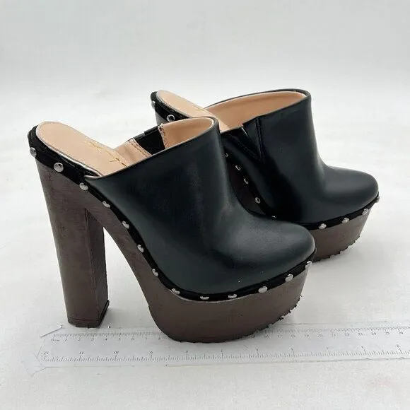 XYD Black Cork Platform Super High Heels Mule Studded Round Toe Slides Sandals