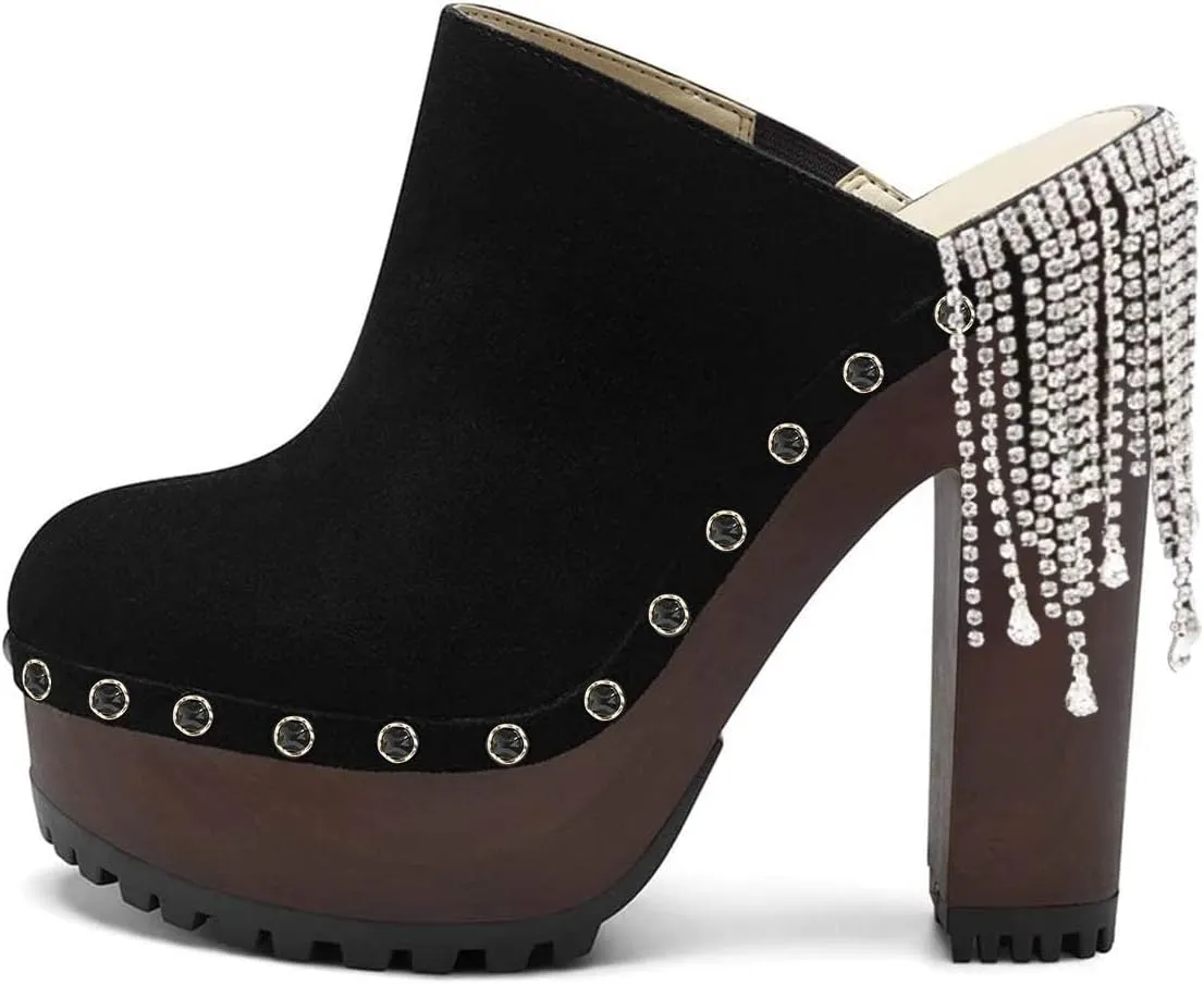 XYD Cork Platform Super High Heels Mules for Women Chunky Block Studded Closed Round Toe Slides Sandals Backless Fashion Dress Club Shoes