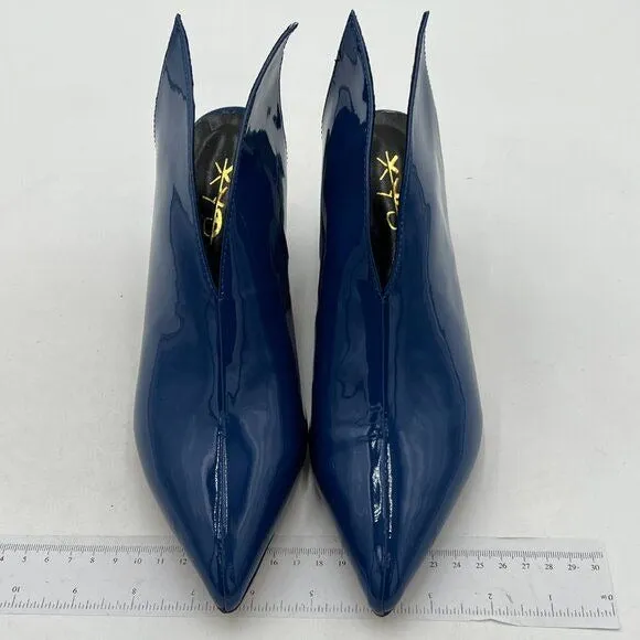 XYD Navy Pointed Toe Thick Block Heels V Cut Backless Mule Office Shoes