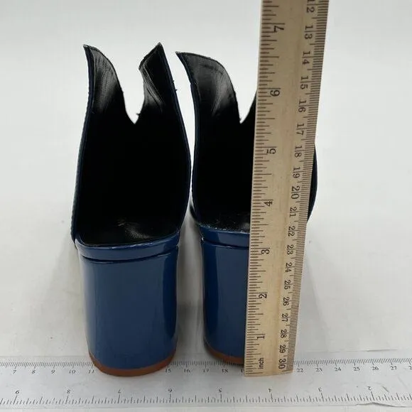 XYD Navy Pointed Toe Thick Block Heels V Cut Backless Mule Office Shoes