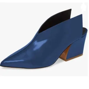 XYD Navy Pointed Toe Thick Block Heels V Cut Backless Mule Office Shoes