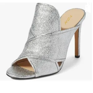 YDN Silver Open Toe Stiletto High Heels Backless Mule Slip On Slide Sandal