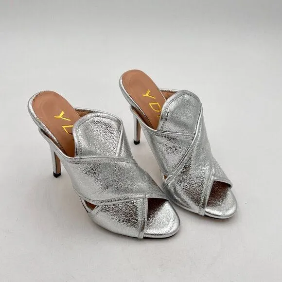 YDN Silver Open Toe Stiletto High Heels Backless Mule Slip On Slide Sandal