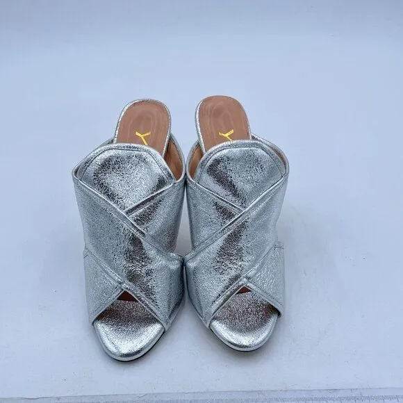 YDN Silver Open Toe Stiletto High Heels Backless Mule Slip On Slide Sandal