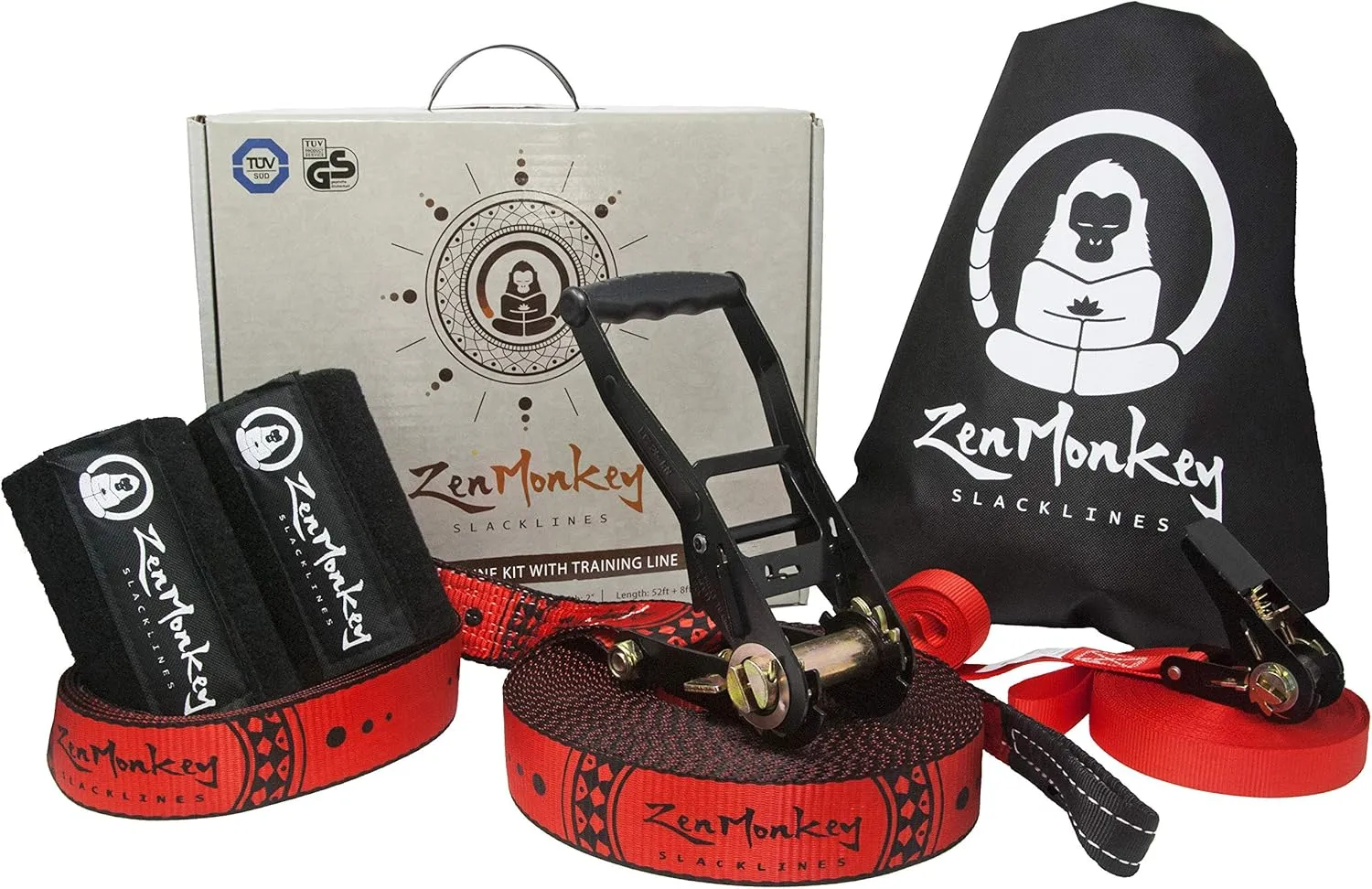 ZenMonkey Slackline Kit with Overhead Training Line, Arm Trainer, Tree Protectors, Cloth Carry Bag and Instructions, 60 Foot - Easy Setup for The Family, Kids and Adults
