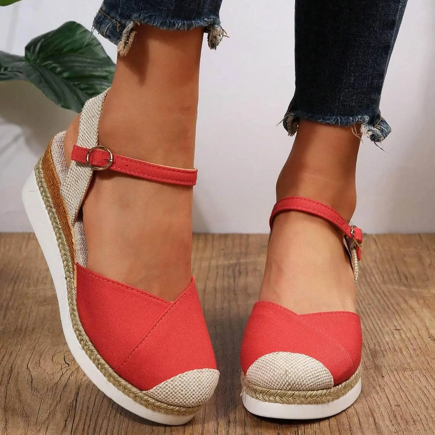 ZWRXW Orthopedic Platform Wedge Sandals for Women Arch Support Closed Toe Platform Sandals Dressy Summer Buckle Ankle Strap Espadrilles Wedge Sandals Comfortable Outdoor Shoes