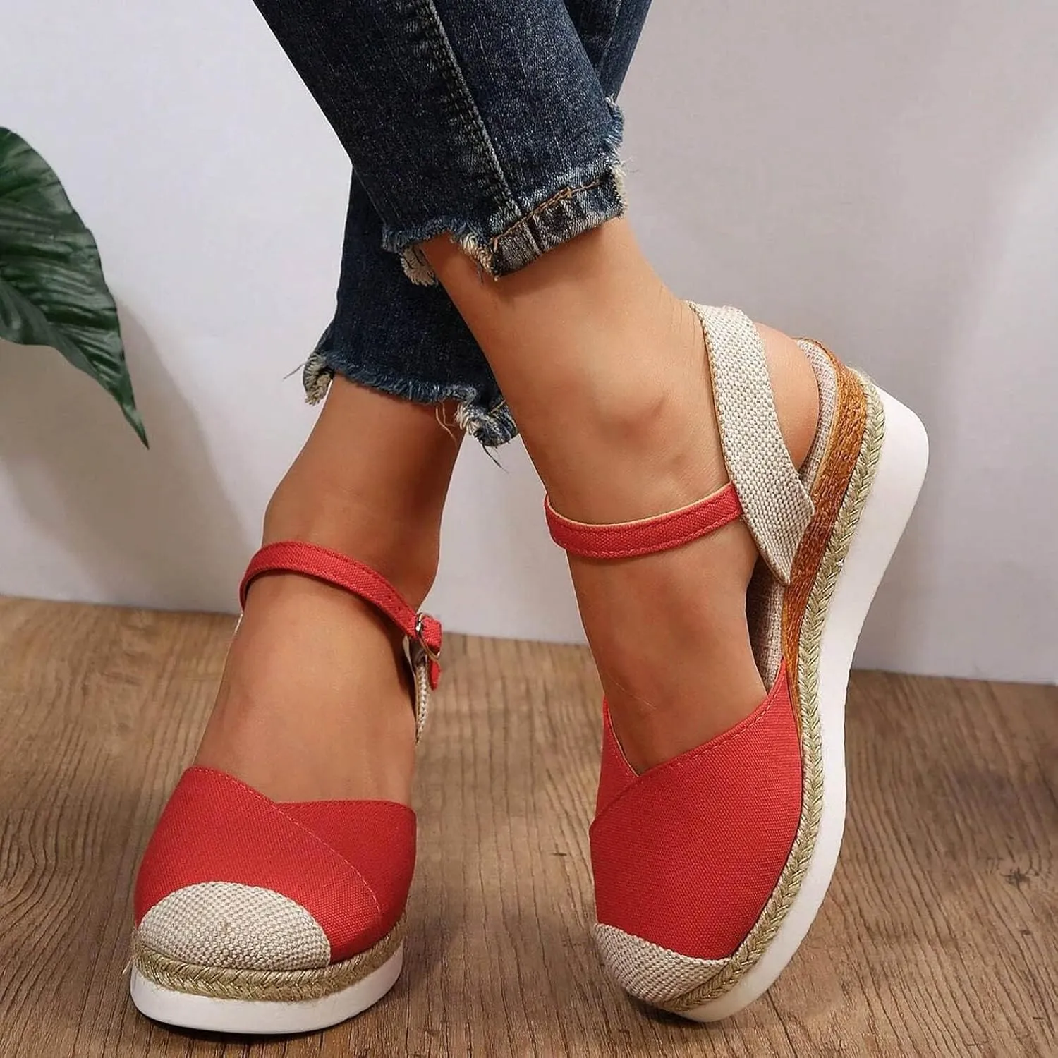ZWRXW Orthopedic Platform Wedge Sandals for Women Arch Support Closed Toe Platform Sandals Dressy Summer Buckle Ankle Strap Espadrilles Wedge Sandals Comfortable Outdoor Shoes